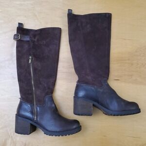 Lucky Brand Women Brown Suede Leather Knee High Boots 8.5 Block Heel  Zip Buckle